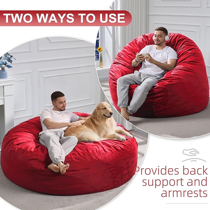 Hobestluk 6FT Bean Bag Chair Bean Bag Chairs for Adults Giant Bean Chairs with Velvet Cover, Memory Foam BeanBag Chair Fluffy BeanBag Chairs for Living Room, Bedroom- Red (70" x 70" x 15")