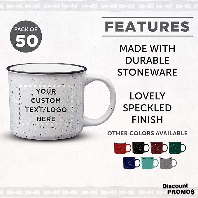 DISCOUNT PROMOS Custom Ceramic Campfire Coffee Mugs 13 oz. Set of 50, Personalized Bulk Pack - Perfect for Tea, Espresso, Cappuccino, Hot Cocoa - White