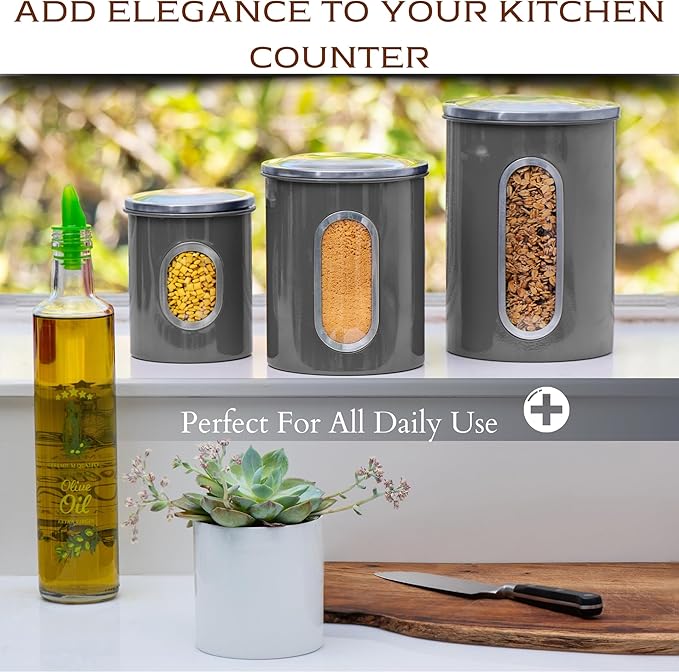 Moss & Stone 3-Piece Gray Canisters Sets For The Kitchen, Airtight Canister Set With See Through Window, Storage Jars for Coffee Container, Tea Organizer & Sugar Canister, Gray Kitchen Canisters