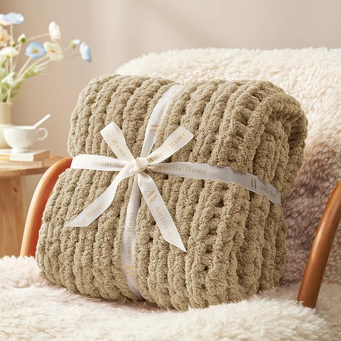 Amélie Home Chunky Knit Throw Blanket for Couch, Soft Chenille Crochet Blanket for Sofa, 50"x60", Beige