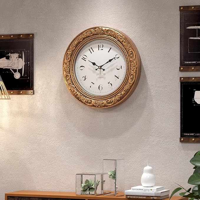 Menterry European Vintage Decorative Wall Clock, 12" Antique Gold Style, Battery Operated Wall Clocks for Kitchen, Bedroom, Farmhouse, Bathroom, Offices