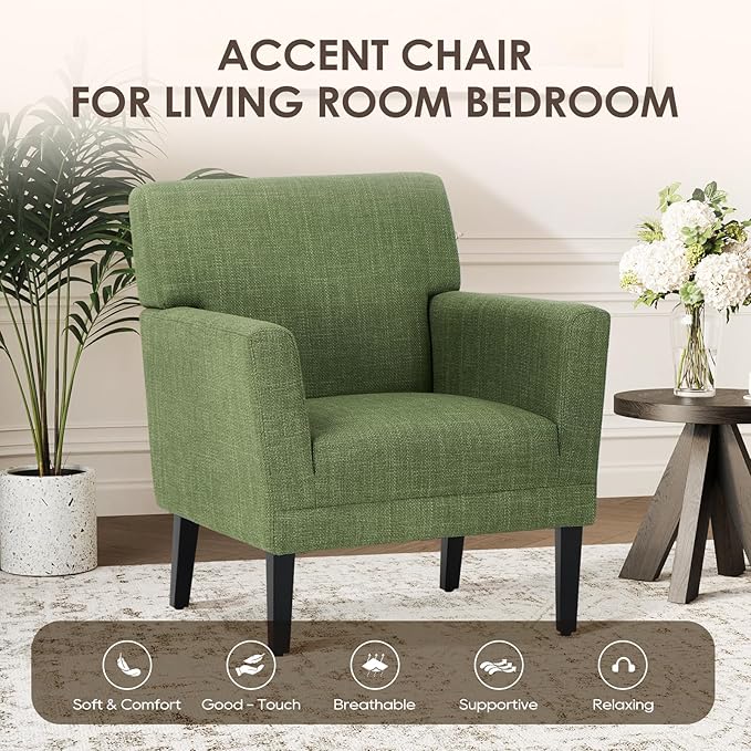 COLAMY Accent Chair Set of 2 for Living Room, Modern Upholstered Fabric Accent Armchair with Back, Soft Single Sofa Chair with Arms for Bedroom/Office/Reception Room, Green