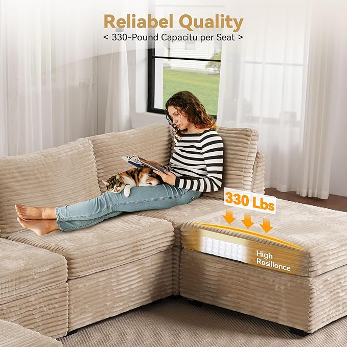 Modular Sectional Sofa with Chaise U Shaped Sectional Couch for Living Room, 8-Seater Comfy Cloud Couches, Plush Corduroy, Beige