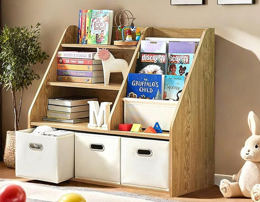 Kids Bookshelf and Toy Storage Organizer, Montessori Nursery Book Shelves with 3 Tier Sling Rack & Fabric Toy Bins, Children Toddler Baby Bookshelf, Wooden Toy Shelf for Kids Room Playroom