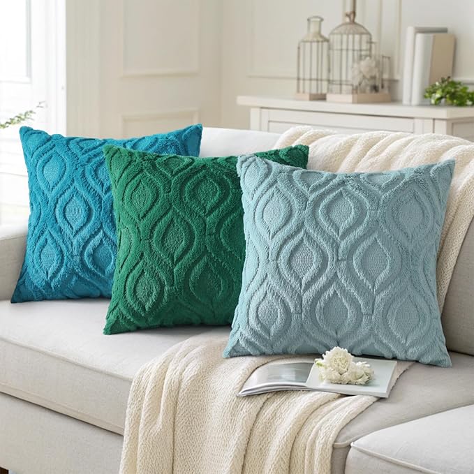 decorUhome Fall Throw Pillow Covers 12x20 Inch Set of 2, Soft Plush Decorative Faux Fur Teal Solid Couch Pillow Covers, Accent Farmhouse Neutral Lumbar Euro Pillow Cases for Sofa Bed Living Room