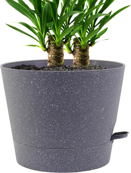 Self Watering Pots for Indoor Plants,12 inch Planters with Drainage Holes Plastic Flower Pots with Deep Reservoir, Grey Speckles