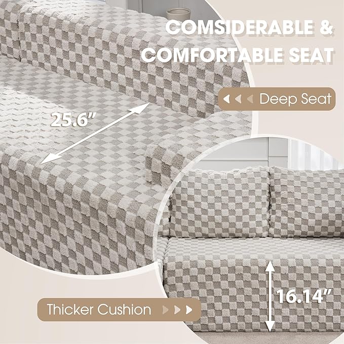 Hobestluk 96“ Modular Sectional Sofa Couches L-Shape Couch 3 Seat Modular Sofa Sectional Couches for Living Room, Cloud Couch with Oversized Chaise (Greygreen, Checked (Right Facing Chaise))