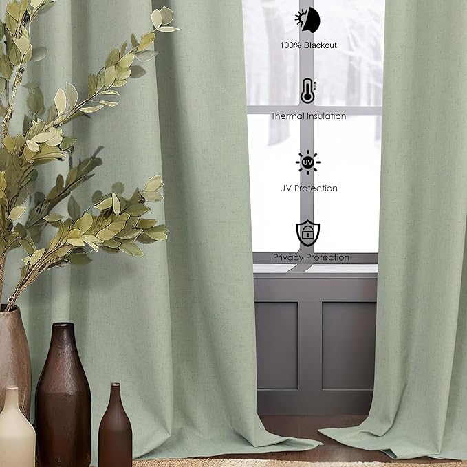 Sage Green Linen Curtains 108 Inches Long 2 Panel Set 100% Blackout Insulated Thermal Curtains for Summer Heat Blocking Light Green Drapes for Bedroom Living Room Sliding Door Rustic Country Farmhouse