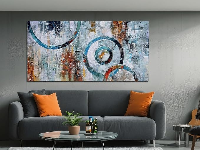 Arjun Abstract Wall Art Geometric Canvas Circle Block Painting Modern Grey Brown Picture, Large Size Simple Artwork Ready to Hang Framed for Bedroom Living Room Bathroom Home Office Wall Décor 40"x20"
