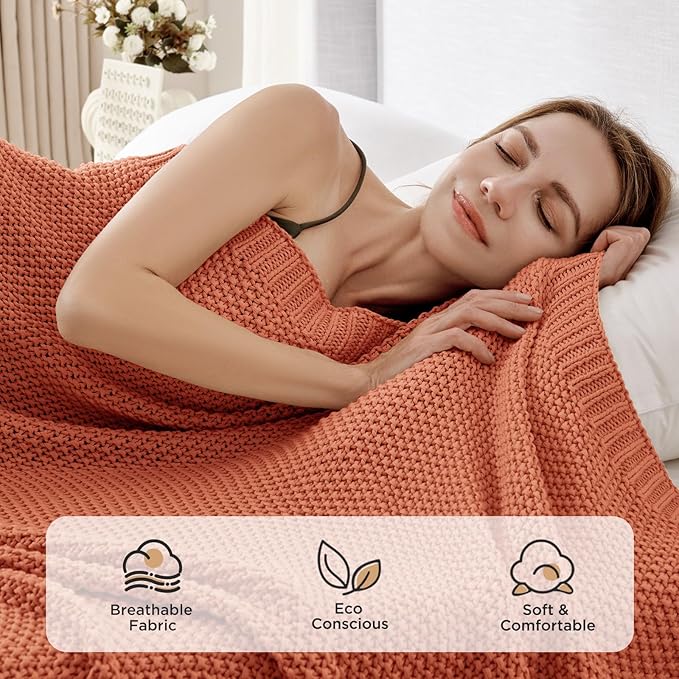 Joydeco Chunky Cable Knit Throw Blanket, Lightweight 100% Cotton Soft Cozy Throw Twin Blanket for Couch Bed and Sofa, Rustic Breathable Farmhouse Blanket Gift for Women Men(Burnt Orange, 60"x80")
