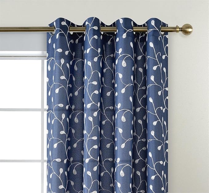 MIUCO Floral Embroidery Semi Sheer Curtains Faux Linen Grommet Window Curtains for Living Room 52 x 63 Inch 2 Panels, Navy Blue