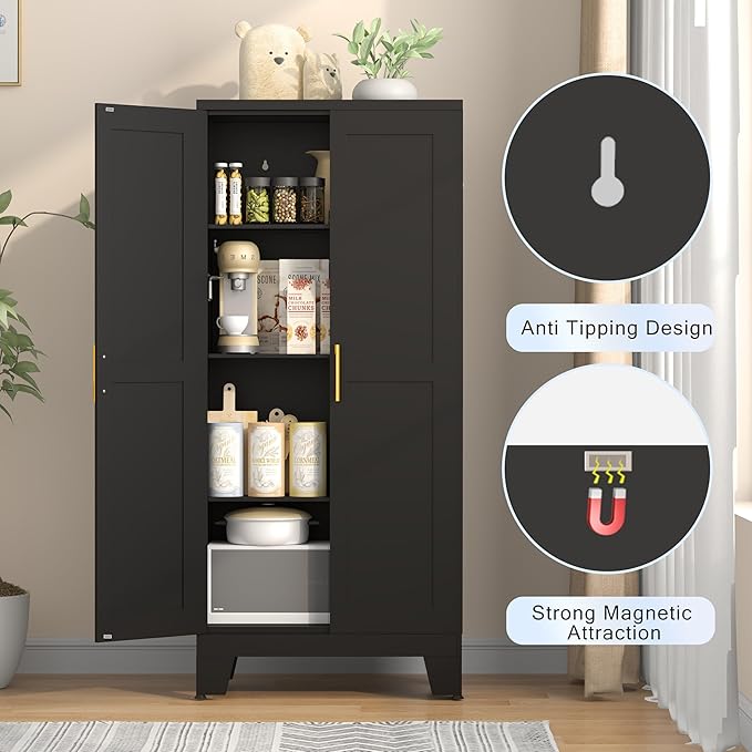 61.02" Kitchen Pantry Cabinet, Pantry Storage Cabinet with 2 Doors and Adjustable Shelves, Black Food Storage for Kitchen, Living Room, Bedroom and Dining Room (Black) Metal Sideboard
