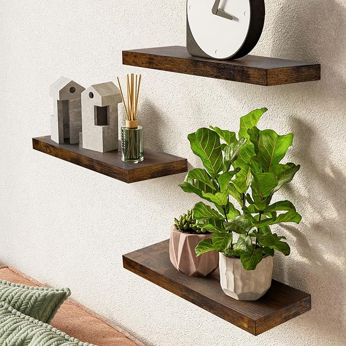 BAYKA Bathroom Floating Shelves for Wall – Bathroom Shelf Over Toilet Farmhouse Rustic Wood for Bedroom, Kitchen, or Living Room Decor – Rustic Brown, Set of 3, Sturdy Storage with 22lb Capacity