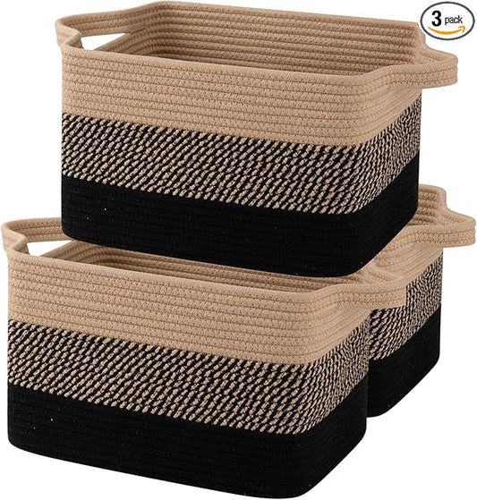 OIAHOMY Storage Basket, Woven Baskets for Storage, Cotton Rope Basket for toys,Towel Baskets for Bathroom - Pack of 3, Black & Brown