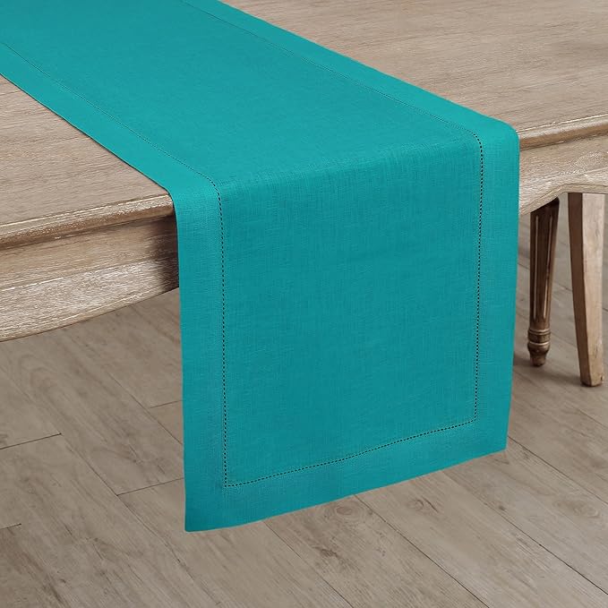 Solino Home Linen Hemstitch Table Runner 48 Inches - 100% Pure Linen Teal Table Runner 14 x 48 Inch Ideal for Dresser and Coffee Tables - Fall, Autumn, Thanksgiving - Classic Hemstitch