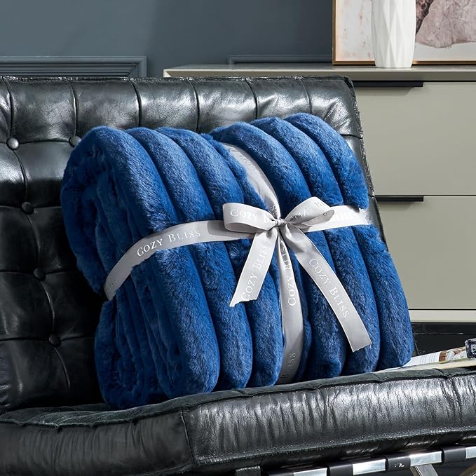 Cozy Bliss Faux Fur Throw Blanket for Couch, Cozy Warm Plush Striped Blanket for Sofa Bedroom Living Room,50 * 60 Inches Navy Blue