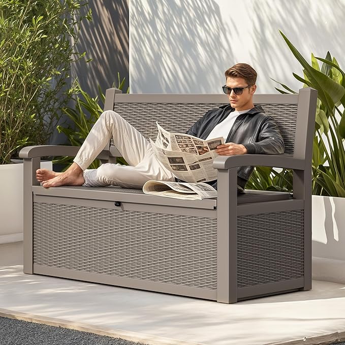 YITAHOME 70 Gallon Storage Bench Deck Box, Lockable Patio Bench, Waterproof Outdoor Pool Deck Storage for Patio Cushions, Garden Tools and Pool Supplies, Light Brown