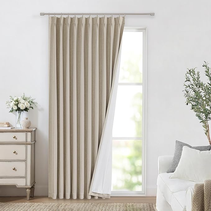 Vision Home Sand Pinch Pleated Full Blackout Curtains Linen Blended Room Darkening Window Curtains 95 inch for Living Room Bedroom Thermal Insulated Pinch Pleat Drapes with Hooks 1 Panel 60" Wx95 L