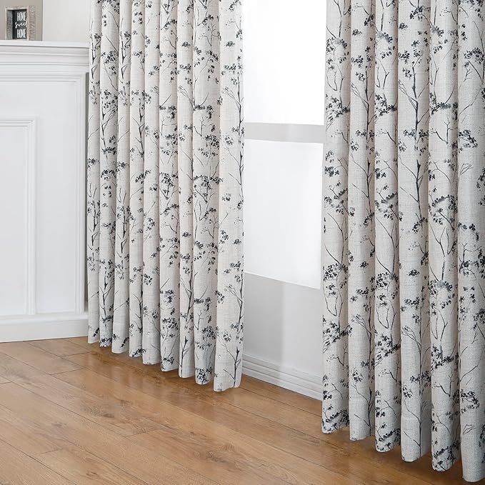 Pinch Pleated Floral Linen Curtains 2 Panels Elegant Light Filtering Privacy Drape,60 Inch Wide by 96 Inch Long Curtains Suitable for Living Rooms and Bedrooms