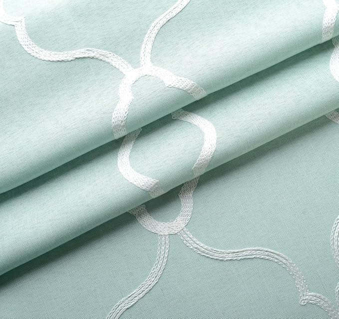 MIUCO Moroccan Embroidered Semi Sheer Curtains Faux Linen Grommet Window Panel Pair for Kitchen 52 x 63 Inch, Subtle Green