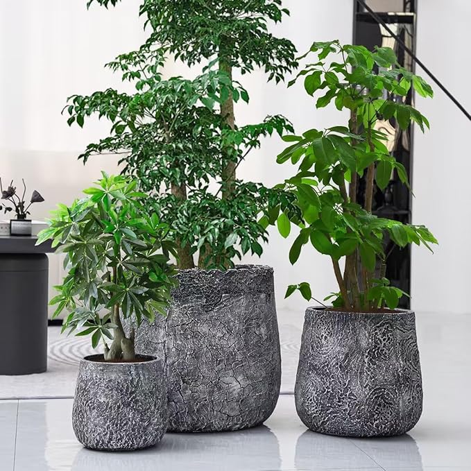 Craft flowerpots 18"+13"+19" Dia Round Concrete Planter Set of 3 Large Outdoor/Indoor Planter Pots Containers with Drainage Holes and Rubber Plug for Home Garden (Dark Gray, Large)