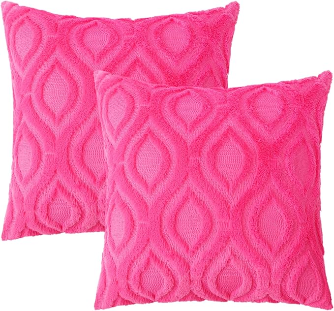 decorUhome Fall Throw Pillow Covers 16x16 Inch Set of 2, Soft Plush Decorative Faux Fur Hot Pink Solid Couch Pillow Covers, Accent Farmhouse Neutral Square Euro Pillow Cases for Sofa Bed Living Room