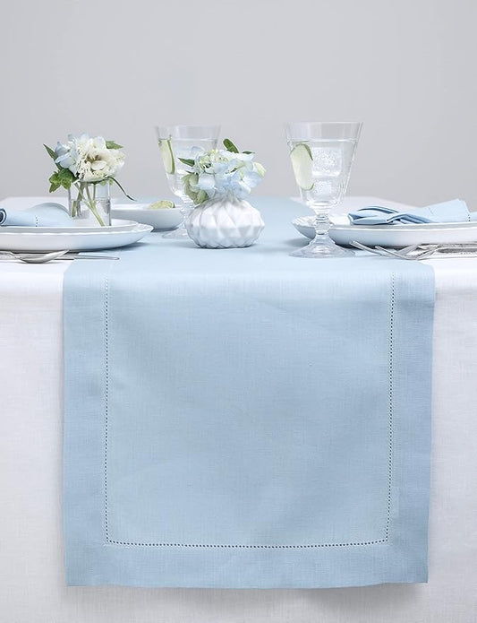 Solino Home Linen Sky Blue Table Runner 60 Inches - Classic Hemstitch, 100% Pure Linen Coffee Table Runner 14 x 60 Inch Ideal for Dresser Tables