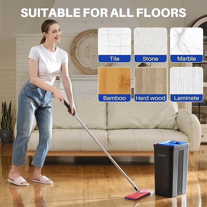 JOYMOOP Mop and Bucket with Wringer Set, Hands Free Flat Floor Mop and Bucket, with 6 Washable Microfiber Pads, Wet and Dry Use, Floor Cleaning System - Black+Red+Slate Blue