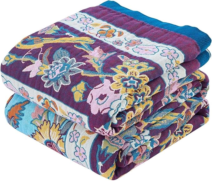 Fall Blanket for Bed, 100% Cotton Soft Rustic Boho Throw Blanket Quilt, 60"x80" Farmhouse Decor Bed Flower Blankets, Light Weight Reversible Bohemian Throw Quilt