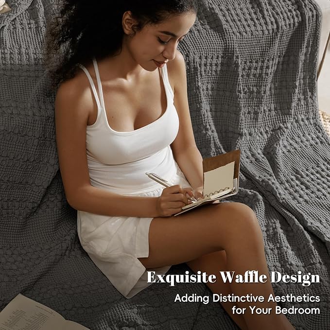 PHF 100% Cotton Waffle Weave Blanket Queen Size, Soft Lightweight Breathable Cozy Summer Blankets for Bed, Luxury Aesthetic Woven Bedding for Home Decor, 90"x90", Charcoal Grey