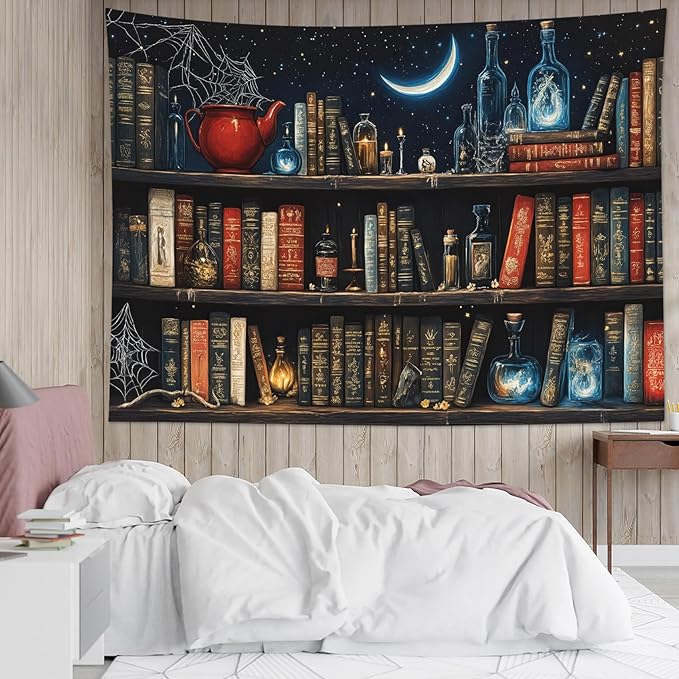 LB Fantasy Bookshelf Tapestry, Horror Spider and Vintage Book with Moon Wall Tapestry for Bedroom Aesthetic, Trippy Galaxy Wall Art for Living Room Dorm Home Decor Ready to Hanging, 80 x 60 Inches