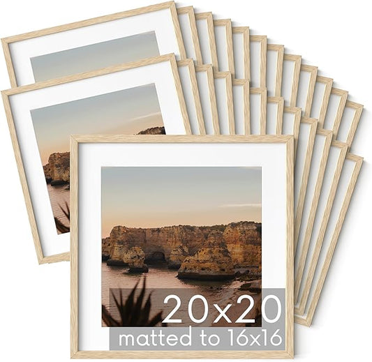 HAUS AND HUES Square Picture Frames 20 x 20 Set of 25 - Photo Gallery Wall Frame Set, Wood 20x20 Frames, 20 x 20 Frames Gallery Wall Set, 20x20 Frame with Mat, Square Frames 20x20 (Beige Oak Frames)