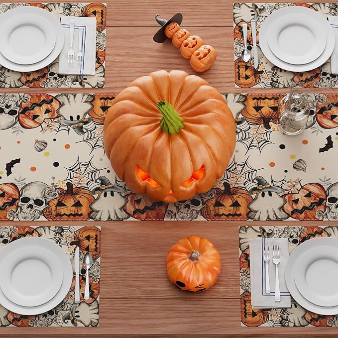 XCHI Spooky Skeleton Ghost Pumpkin Halloween Table Runner Party Table Decoration for Home Kitchen Dining Holiday Decor 13x36 Inch