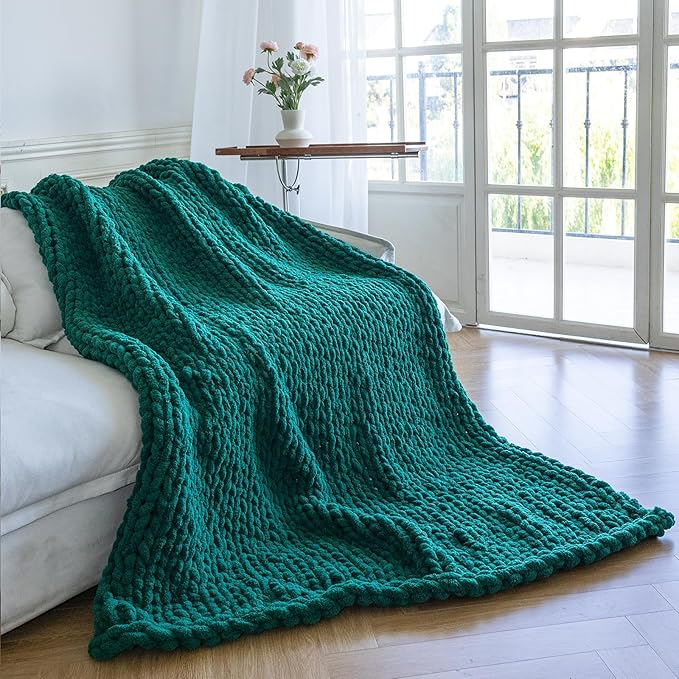 Chunky Knit Blanket - Luxury Soft Cozy 50 * 60 Throw Blanket,100% Woven Blanket Rope Knot Throw Blanket for Couch, Sofa, Home Decor, Gift - Machine Washable（Blackish Green）