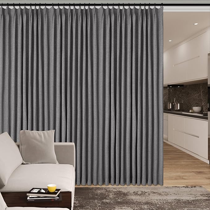 Extra Wide 100% Blackout Linen Textured Curtains - Room Dividers, W200 x L96 (1 Panel), Pinch Pleat Drapes for Living Room, Full Light Block Out Drapery for Sliding Door, Gray