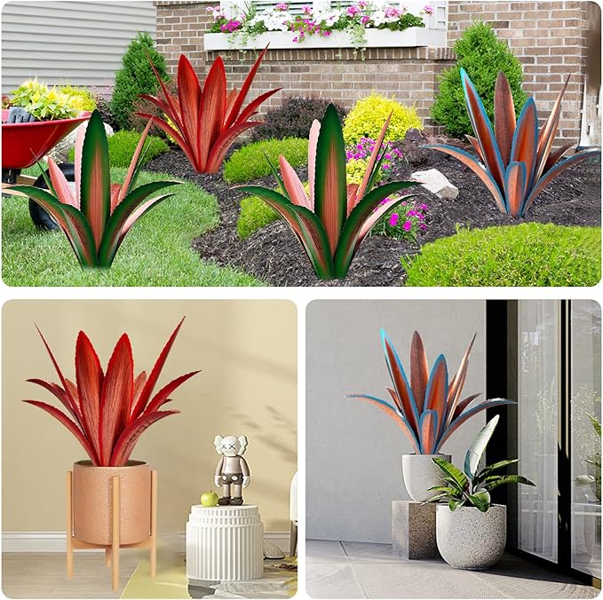 TOMBABY Enlarge Thickened Wind Resistant Metal Agave Garden Art Metal Plant Country Garden Sculpture Statue Outdoor Decoration Agave Metal Plant Courtyard Garden Lawn Ornament Gift (2, 12 Leaves red)