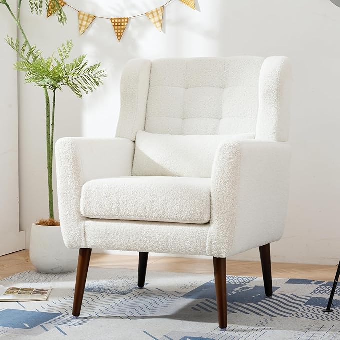 Accent Chair Set of 2, Upholstered Armchair with Pillow, Teddy Single Sofa with Lounge Seat and Wood Legs for Living Room Small Spaces
