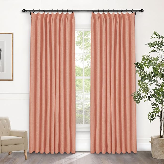 Macochico Orange 100% Blackout Linen Curtains 96 Inches Long Pinch Pleated Curtains for Bedroom Living Room Nursery Farmhouse Insulated Sound Reducing Drapery with Tieback 84”Wx96”L 1 Panel