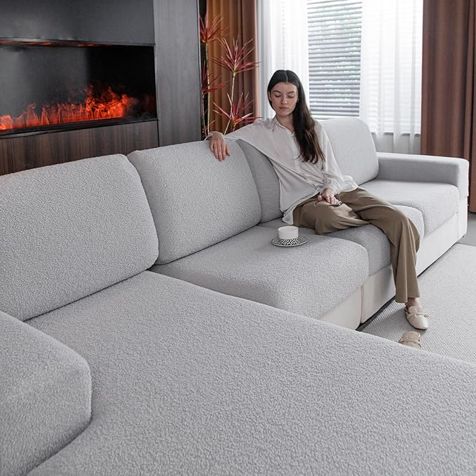 Couch Cushion Covers for Sectional Sofa, Stretch Soft Sofa Slipcovers Washable Wear-Resistant Universal Furniture Protector for Living Room(1 Piece Large Cover, Light Gray)