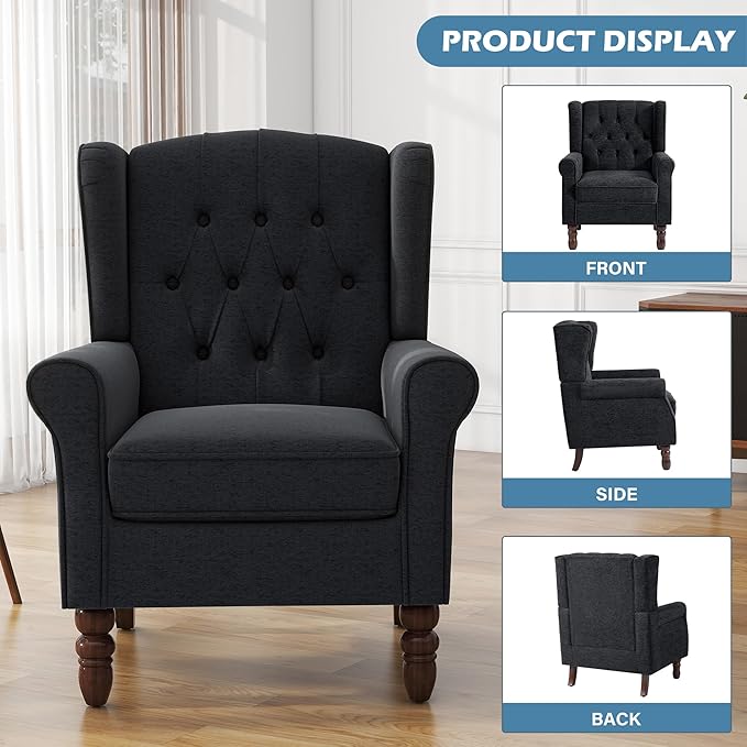 UIXE High Back Accent Chair, Upholstered Armchair in Fabric, Retro Wingback Arm Chair for Living Room, Comfy Single Sofa Bedroom Reading Seat with Solid Wood Legs - Black Blue