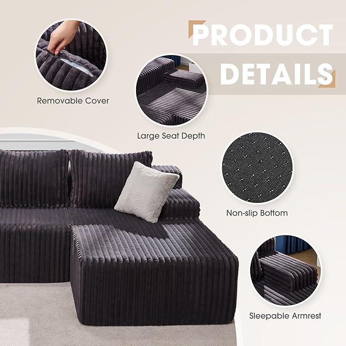 Hobestluk 96” Modular Sectional Sofa Couches L-Shape Couch 3 Seat Modular Sofa Memory Foam Sectional Couches for Living Room, Cloud Couch with Oversized Chaise (Grey, Stripe (Right Facing Chaise))