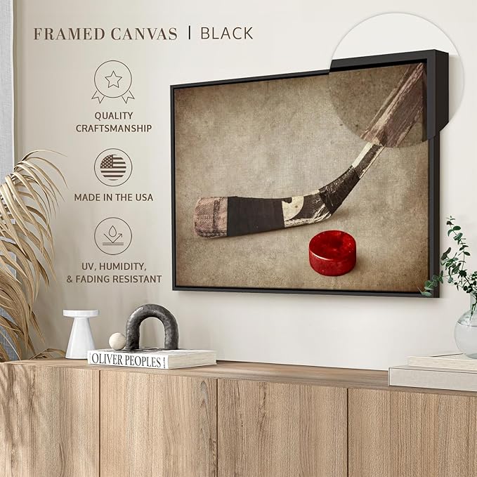 Elephant Stock Vintage Ice Hockey Wall Art - Horizontal Framed Canvas - 1-Piece Hallway Wall Decor - Photography Sports Canvas Print - Brown and Beige Decor for Wall - 19" X 13"