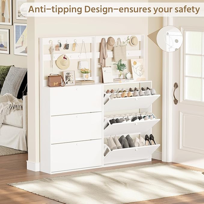 Shoe Cabinet with 3 Flip Drawers, Narrow Shoe Cabinet with 9 Hooks Coat Rack, Freestanding Shoes Storage Cabinets with Adjustable Shelves for Entryway, Hallway, Living Room, White