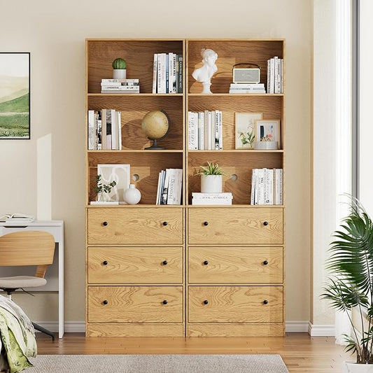 71" Tall Bookshelves Set of 2, Bookcases with Drawers, Bookshelves with Storage, Wooden Bookshelf with 3 Drawers & 3-Tier Open Shelves,Home Decor Furniture for Living Room,Bedroom,Home,Natural