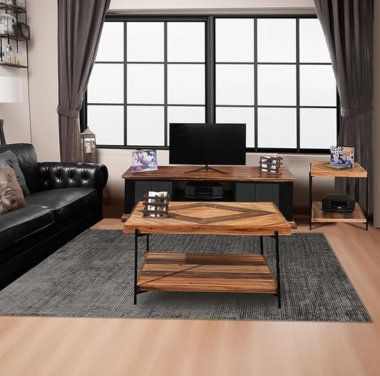 CONSDAN StoneCreek 4 Pieces Fir Living Room Table Set, Solid Fir Wood, Includes 65 inch TV Stand, Coffee Table& Two End Tables