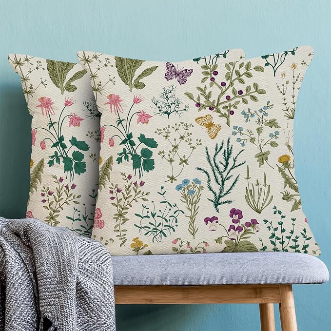 CXMEIFLY Spring Pillow Covers 20 x 20 Inch Set of 2 Vintage Sage Green Teal Wild Flowers Decor Throw Pillows Leaves Plant Outdoor Farmhouse Decorative Cushion Cases for Couch Bed Sofa Decoration
