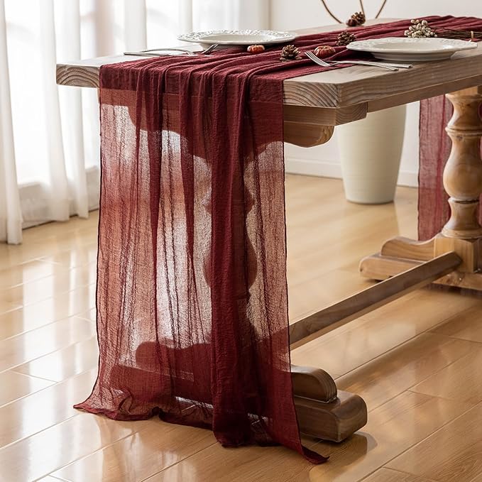 Burgundy Table Runner Red Cheesecloth Gauze 120 Inch 10 FT Rustic Boho Cheese Cloth Runner for Wedding Baby Shower Bridal Shower Birthday Party Long Sheer Home Decorations