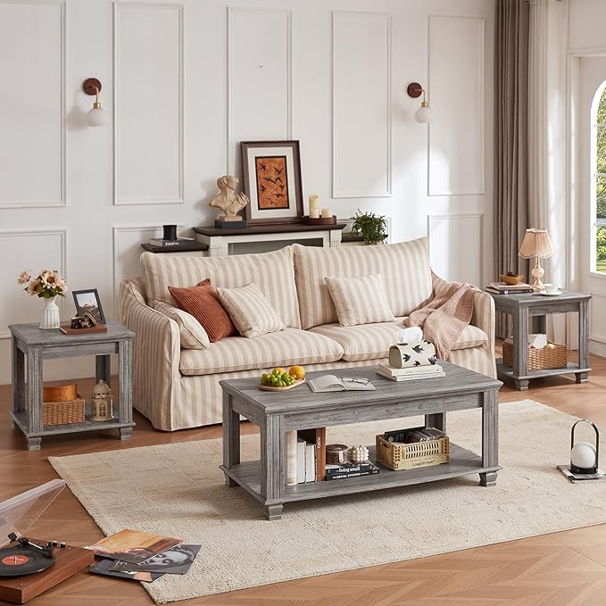 Farmhouse Coffee Tables for Living Room,Square Tea Table with Open Storage Shelf,Large Coffee Table,Rustic Wooden Center Table,Gray