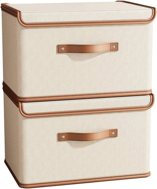 Tuza 2 Pack Storage Bins with Lids, Collapsible Closet Organizer Container, Fabric Organizer Box with Handles, Decorative Storage Boxes with Lids for Organizing Clothes, Blanket, White, Extra Large