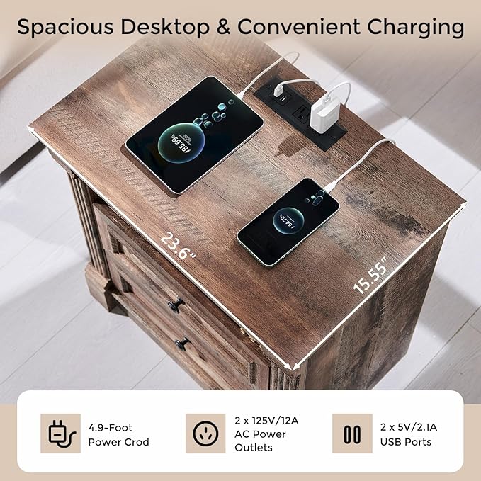 26" Tall Farmhouse Nightstand Set of 2, 2 Drawers End Table w/Charging Station, 23.6" Wide Large Side Table w/Roman Column, Wood Rustic Sofa Table w/Open Shelf, Bedside Table for Bedroom, Light Brown